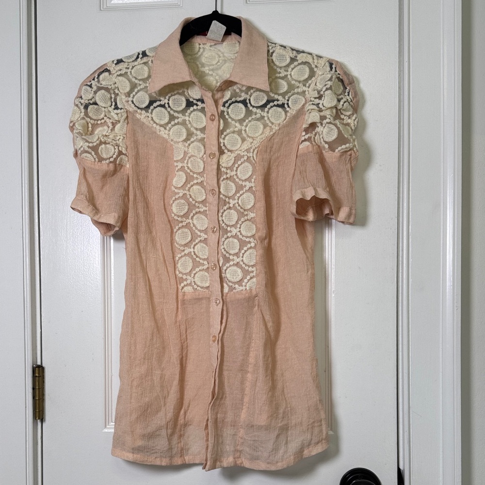 Vintage Ceres Peach Lace Sheer Embroidered Button-Up Blouse Metallic Detail S-M